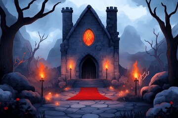 A pixelated 8-bit main hall of a medieval castle with torches on the walls and a red carpet