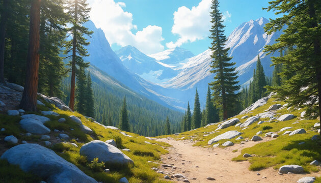Mountain landscape with snow-capped peaks, dirt path, and pine trees, serene and picturesque