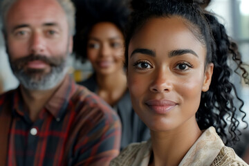 Fototapeta premium Inclusive workspace with diverse individuals, showcasing collaboration and teamwork. image captures woman in focus, with two others in background, highlighting positive work environment