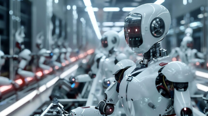 Fototapeta premium Advanced industrial robots working in modern factory setting, showcasing automation and technology. scene highlights precision and efficiency in manufacturing