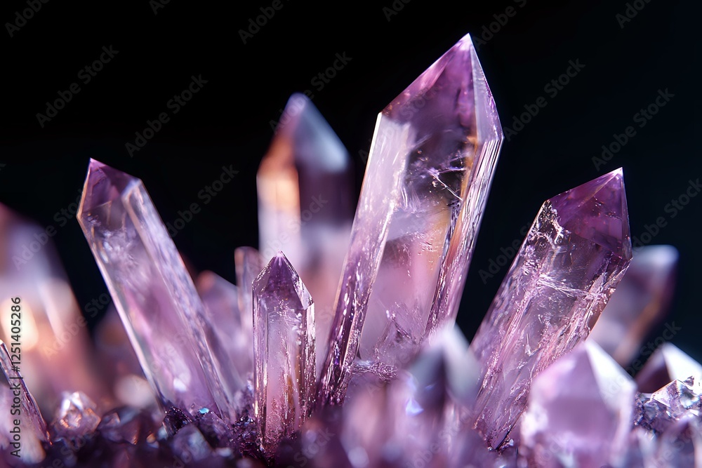 Poster purple amethyst crystal cluster with sharp points and natural formations against dark background, di