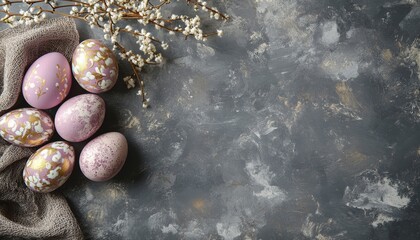 luxury easter painted eggs and napkin on plain background with copyspace, topview, Easter holidays luxury concept 