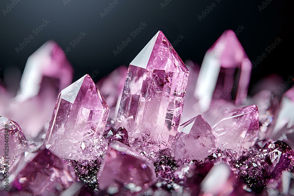 Poster pink quartz crystal formation with multiple pointed peaks against dark background, macro photography
