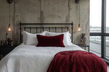 Modern bedroom with city view, featuring white bedding, red accents, and industrial decor