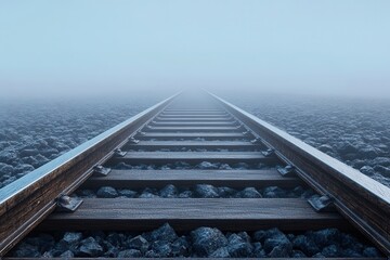 Mystical Foggy Railway Scene with Abandoned Tracks in the Distance