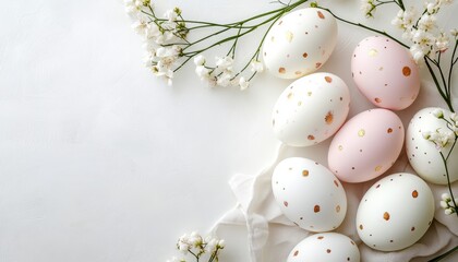 Fototapeta premium luxury easter painted eggs and napkin on plain background with copyspace, topview, Easter holidays luxury concept 