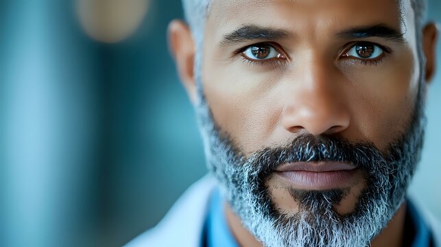 Confident mature African American man with salt and pepper beard and intense blue eyes gazing directly at camera against turquoise background, close-up portrait.