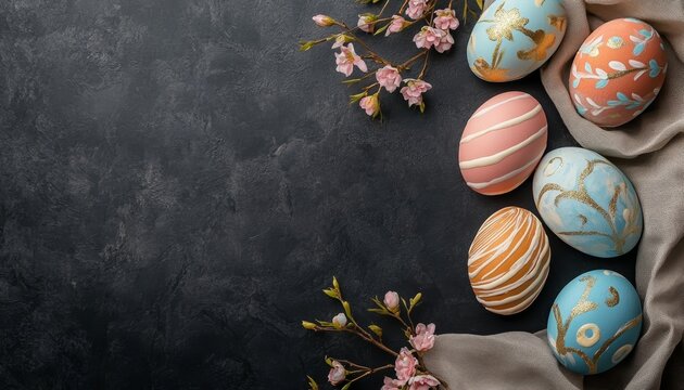 luxury easter painted eggs and napkin on plain background with copyspace, topview, Easter holidays luxury concept 