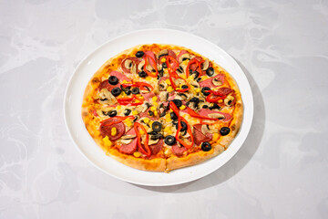 Traditional Turkish cuisine. Pizza, pita, pidesi, sucuk, hummus, kebab. Many dishes on the table. Serving dishes in restaurant. Mix, formaggi, veggie pizza. Top view, flat lay