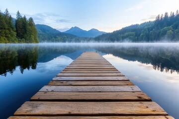 Fototapeta premium Serene Lakeside Dock at Dawn Reflecting on Calm Water Surface