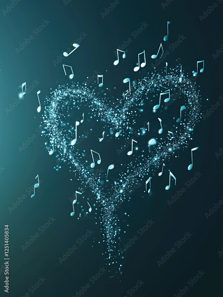 Poster floating musical notes create a gentle heart shape on a dark background evoking soulful emotion