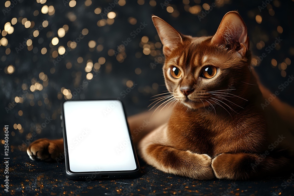 Poster abyssinian cat lying near blank white screen tablet on dark background with bokeh lights, mockup for