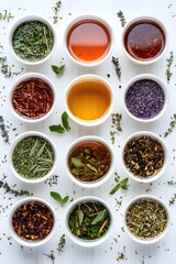 Assortment of Herbal Tea Infusions in White Bowls on White Wooden Table Top View Arrangement