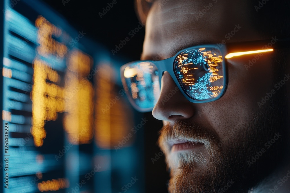 Poster A security analyst monitoring real-time cyber threats on multiple large computer screens in a dark room