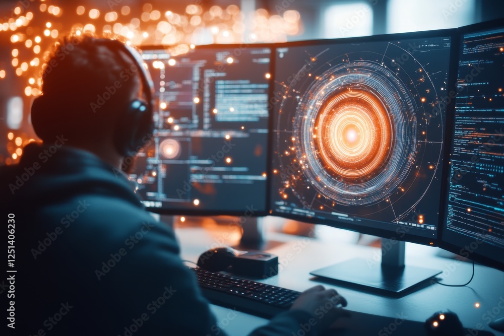 Poster A security analyst monitoring real-time cyber threats on multiple large computer screens in a dark room