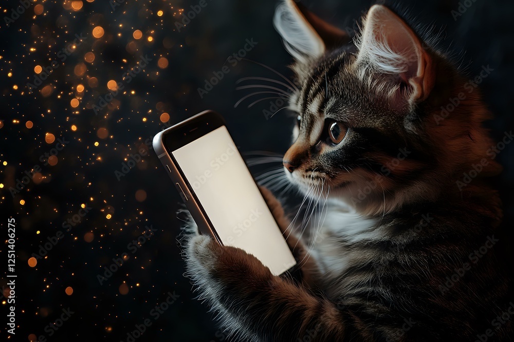 Poster curious tabby cat holding smartphone with glowing screen against dark background with magical bokeh 