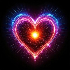 A glowing red and blue neon light heart shape, black background