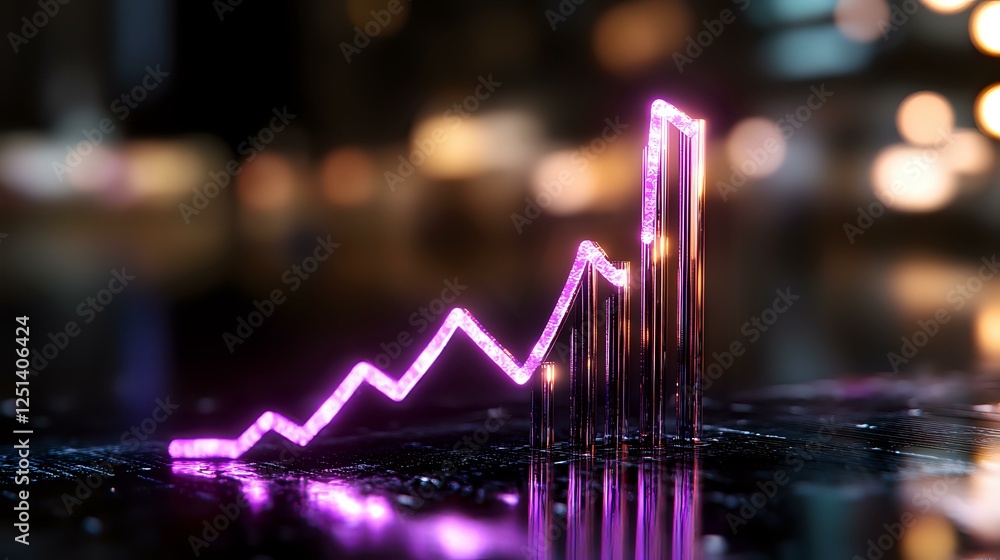 Poster glowing neon pink financial chart and bar graph on dark reflective surface with bokeh background sho