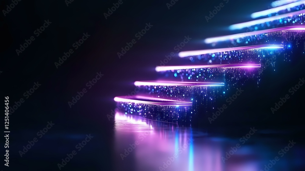 Poster glowing neon stairs with sparkling particles floating in dark space, illuminated by blue and purple 