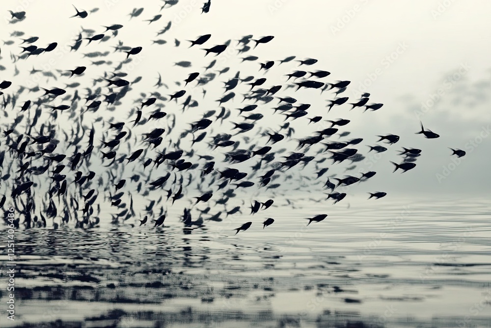 Poster Small Fish Swim in Harmony Creating Abstract Patterns in Tranquil Waters