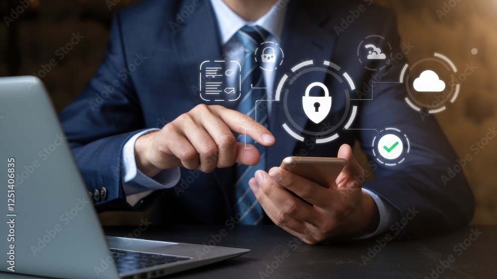 Poster cybersecurity expert using mobile phone to manage data protection and cloud security.