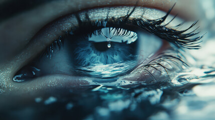 Eye Reflecting Ocean Waves With a Teardrop Under Water in a Surreal and Artistic Representation of Emotions
