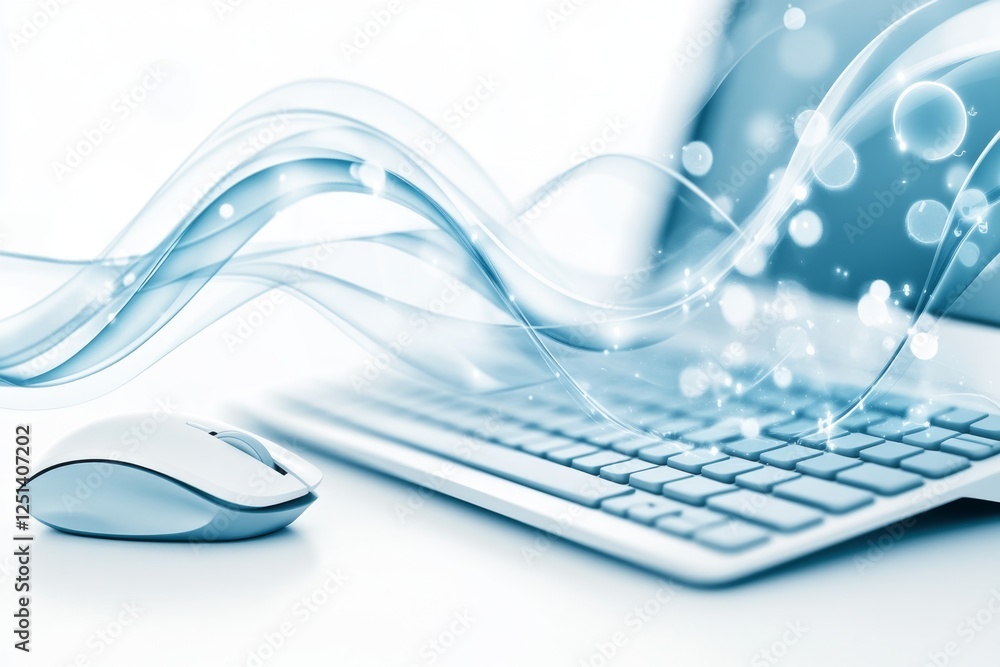 Poster A simple, clean icon of a keyboard and mouse with a digital wave effect, symbolizing digital interaction