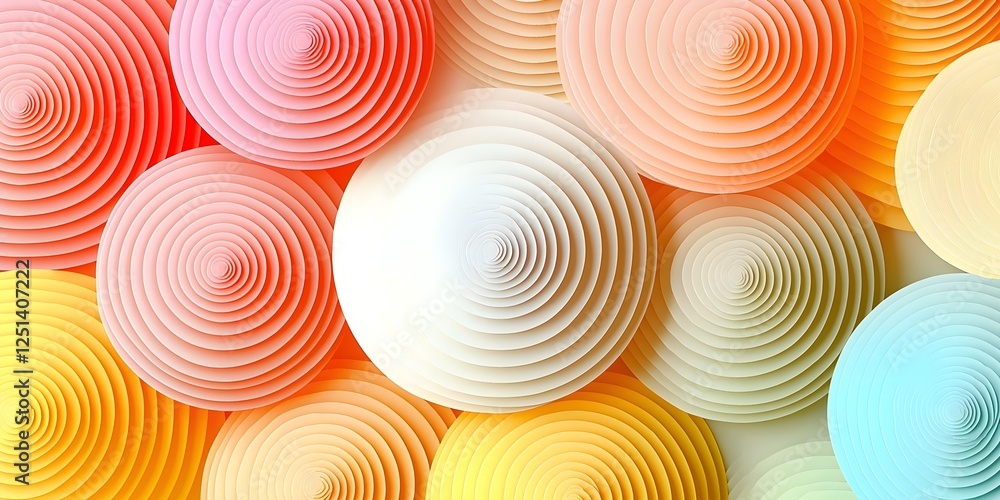 Poster a vibrant and colorful arrangement of circular paper cutouts in soft pastel shades. the spirals crea