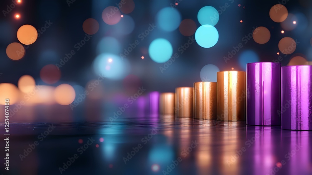 Poster glowing metallic cylinders in gold and purple colors arranged in ascending order with bokeh light ef