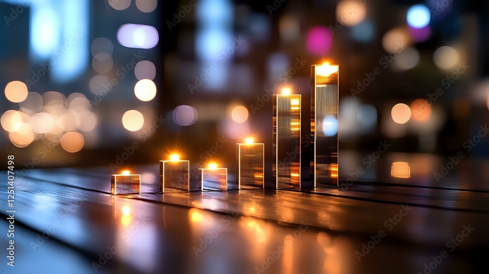 Poster glowing bar graph chart with candles showing business growth concept against blurred city lights bac