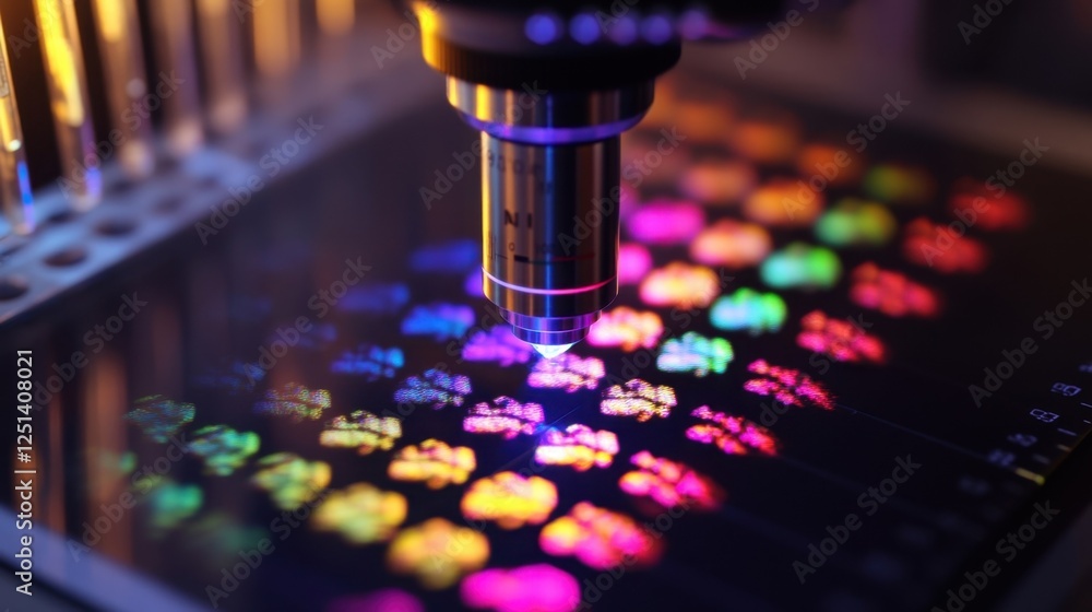 Poster close up of a microscope lens focusing on colorful cellular patterns. the vibrant display highlights