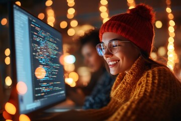 A software development team in a startup office, collaborating on coding projects in an open workspace