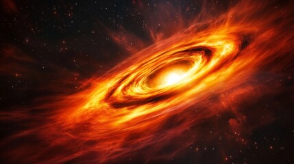 Obraz premium Interstellar black hole with glowing accretion disk and singularity nucleus. Concept 3D illustration of cosmic wormhole on starry space background. Theory of relativity and quantum physics wallpaper.