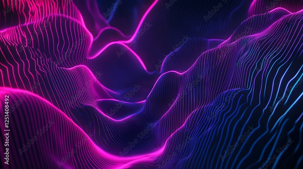 Poster captivating abstract image featuring dynamic waves of vibrant neon light pulsating through a futuris