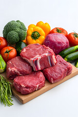 Fresh raw meat with vegetables isolated on white background