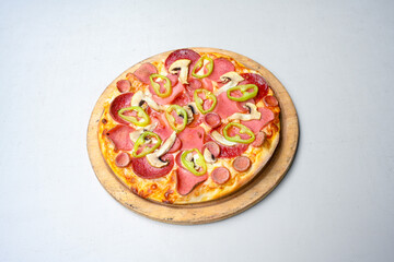 Traditional Turkish cuisine. Pizza, pita, pidesi, sucuk, hummus, kebab. Many dishes on the table. Serving dishes in restaurant. Mix, formaggi, veggie pizza. Top view, flat lay