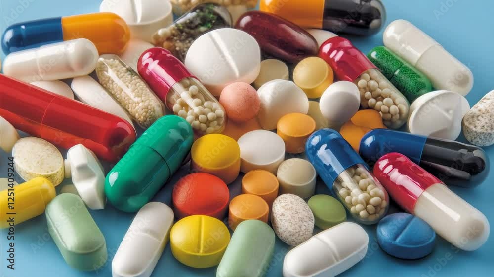 Poster medicine concept with colorful pills rotating slowly on a blue background, creating a hypnotic and m