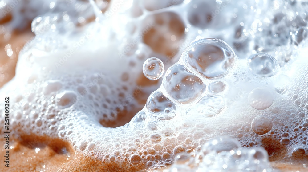 Poster macro shot of soap bubbles and foam creating abstract pattern with light refraction on orange backgr