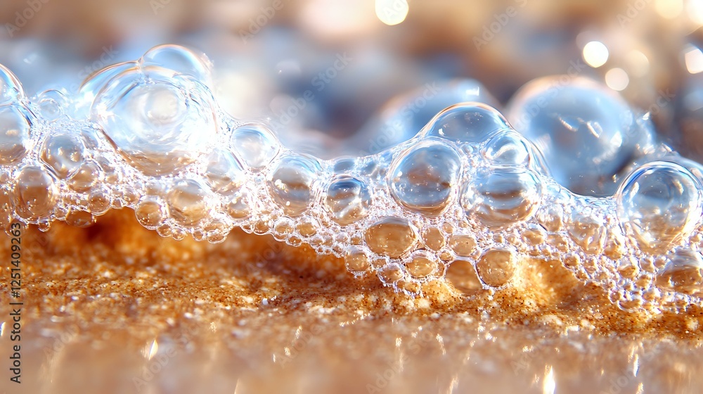 Poster delicate soap bubbles on golden surface create dreamy macro photography with soft bokeh lights and t