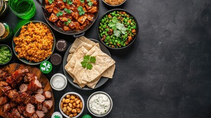 Fototapeta premium Acrylicpainted St Patrick s Day feast with traditional Irish dishes, bold brushstrokes and textures