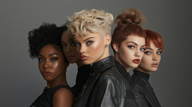 Group of diverse women with unique hairstyles, including curls, buns, pixie cuts, and bold red tones, posing confidently