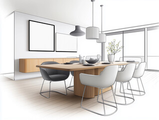 Hand-Drawn Sketch of Modern Dining Room with Sleek Furniture, Minimalist Table Setting, and Contemporary Decor