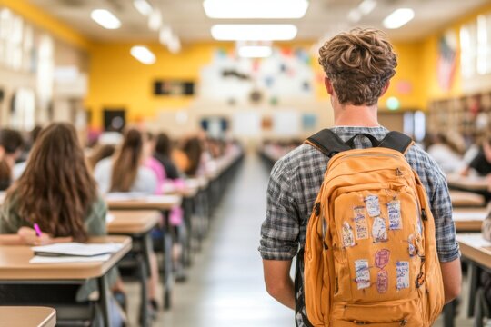 A test proctor walking through the aisles of an exam hall, monitoring students taking a placement test