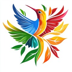 Fototapeta premium Colorful Hummingbird Illustration with Vibrant Leaves and Floral Elements Representing Artistry and Nature in a Dynamic Composition