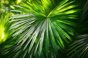 Tropical palm leaf in sunlight, jungle background, nature backdrop