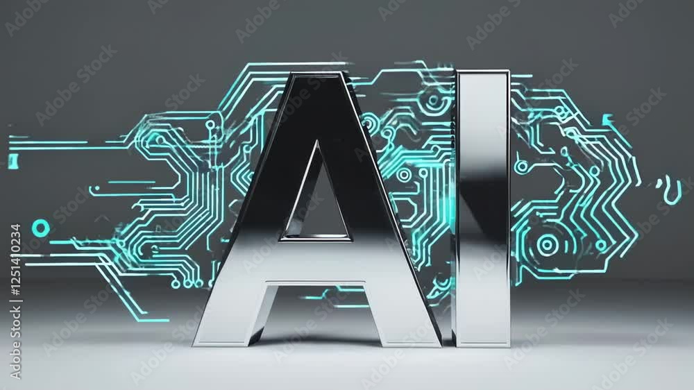 Poster Metallic ai letters glowing on sleek gray surface with turquoise circuitry networks dynamically pulsing, revealing technological innovation in mesmerizing slow motion