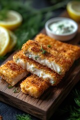 Crispy Golden Fried Fish Sticks with Creamy Dip and Fresh Lemon Wedges on a Wooden Board