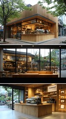 Modern coffee shop, urban setting, wooden interior, retail space, display