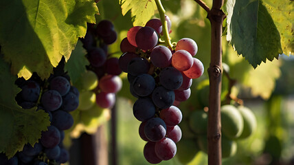 Fototapeta premium grapes in the vineyard, red grape in sunlight view