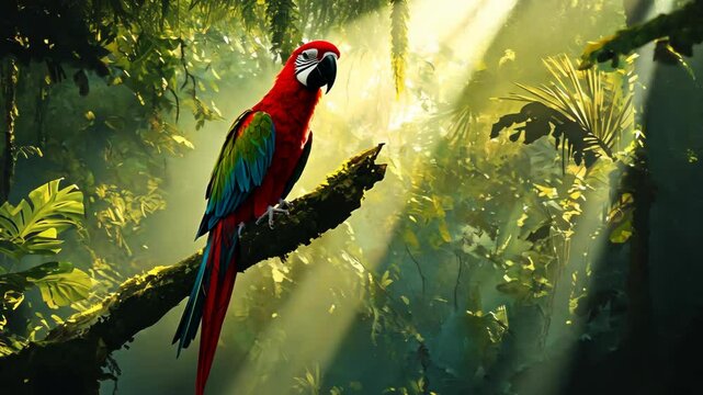 A colorful parrot perched on the branch of an ancient tree, surrounded by lush green foliage and sunlight filtering through the dense canopy of a tropical rainforest. 